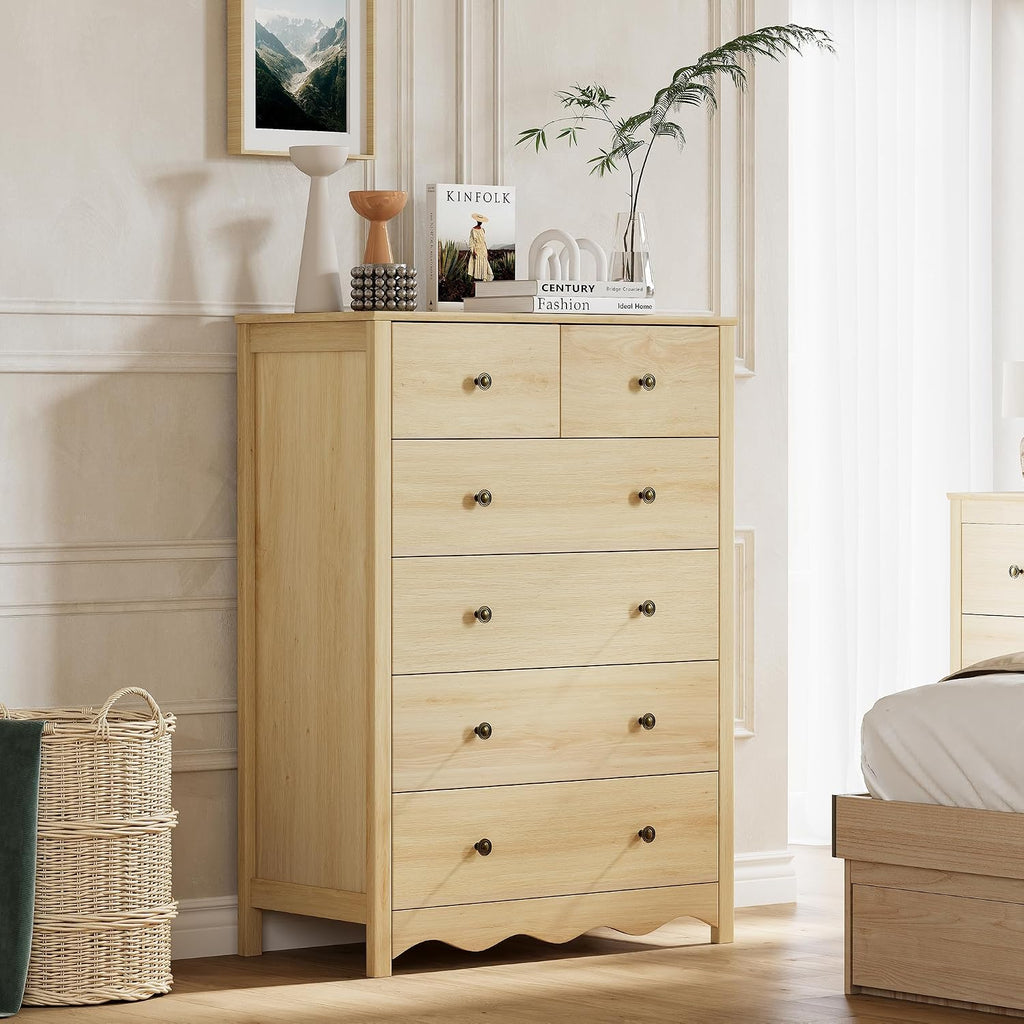 44" Tall Dresser with 6 Drawers (Natural) | Modern, Farmhouse, Metal Handle, Natural, Wood-grain Finish, Organizer