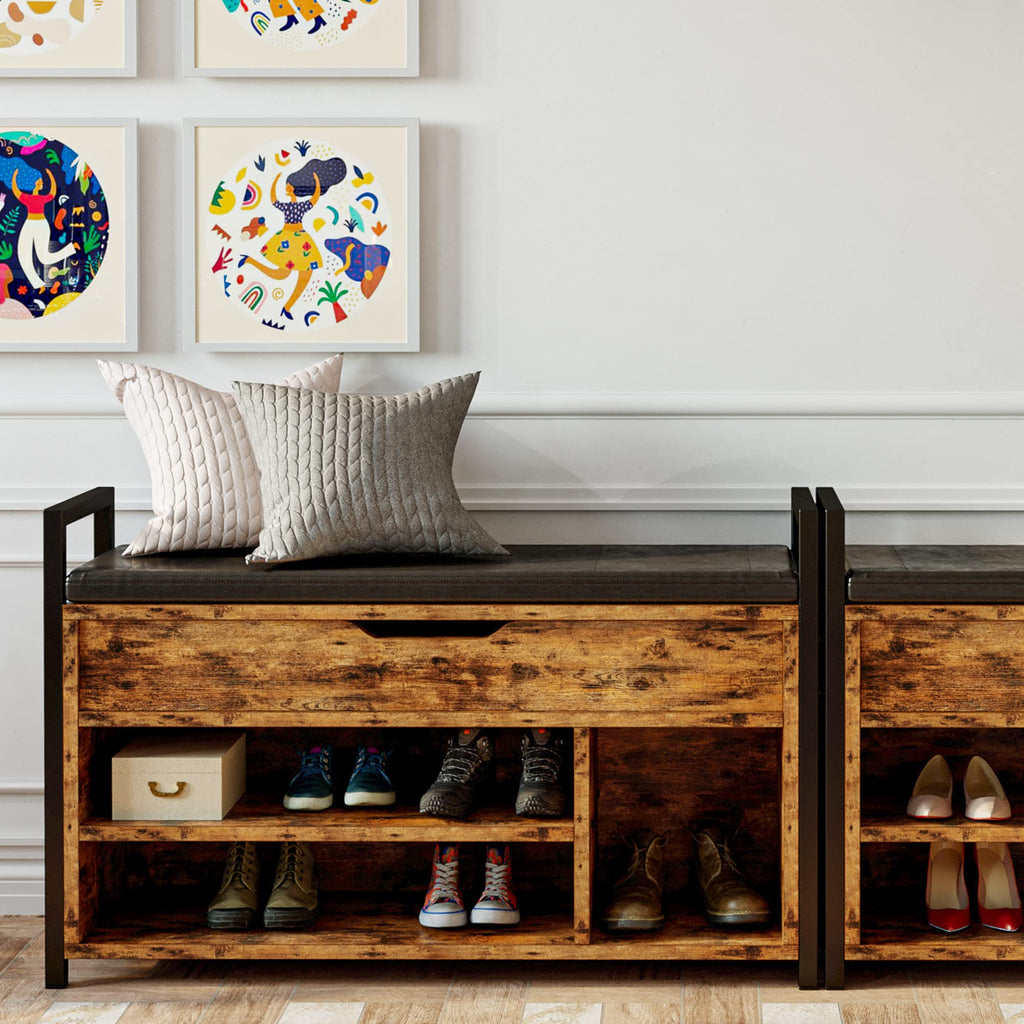 Shoe Storage Bench, Entryway Bench with Lift Top Storage Box, Metal and Board Bench, Two Tier Shoe Rack Organizer