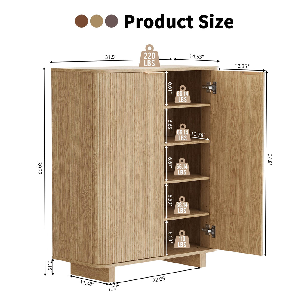 Fluted Entryway Shoe Storage Cabinet with Doors, 5 Tier 39'' Tall Freestanding Modern Shoe Rack Organizer Cabinet