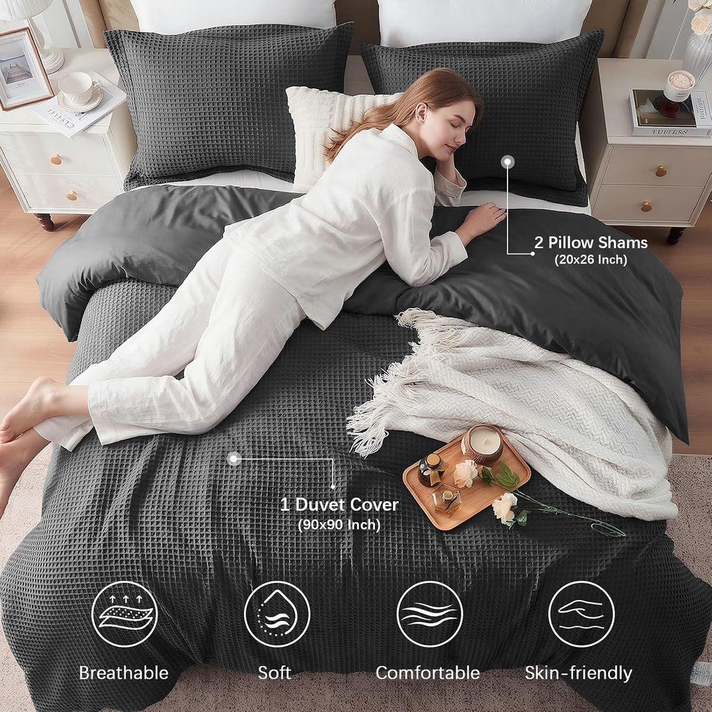 100% Cotton Duvet Cover Queen - Waffle Weave Duvet Cover Set for All Season, Linen Like Textured Bedding Sets 3 Pcs