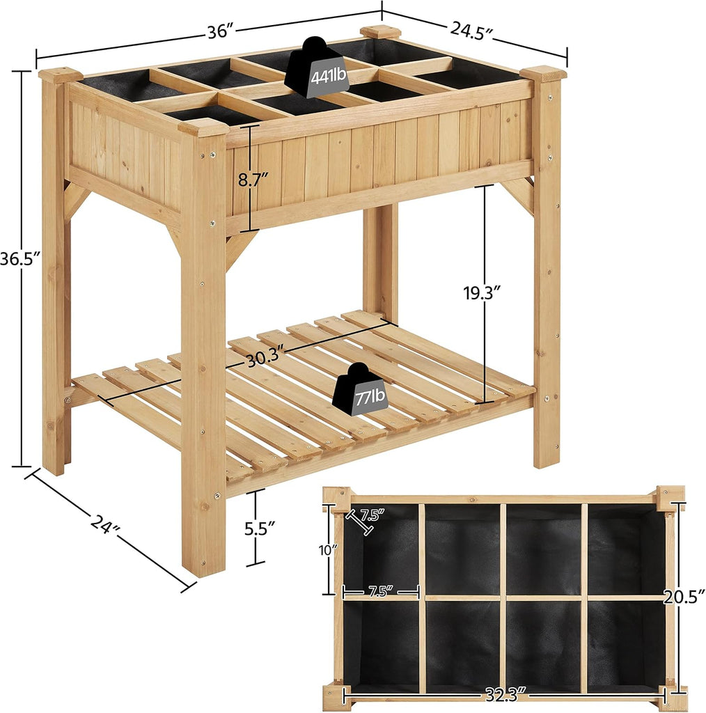 36" Raised Planter Box 8-Pocket with Grow Grid,1Pcs | Waist-high planter saves back, sturdy fir. 8 grids for