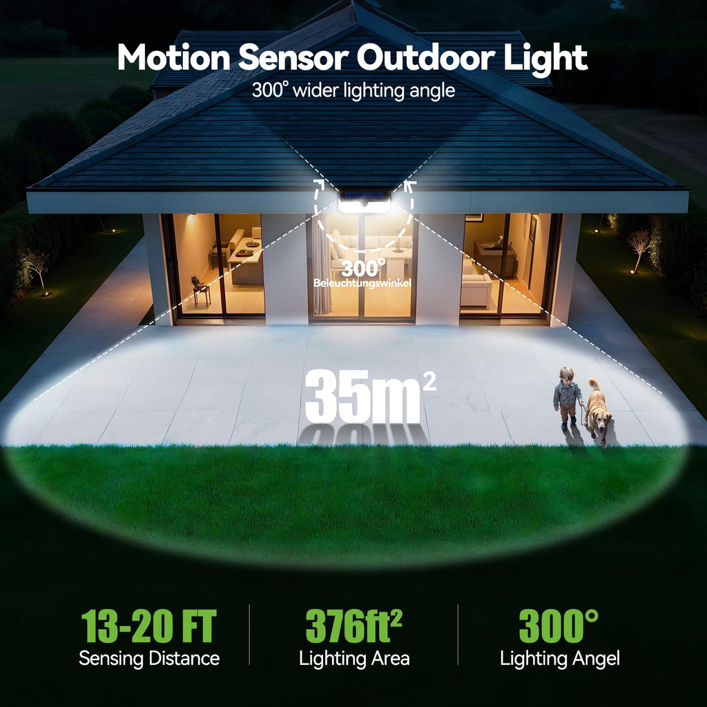 LED Solar Lights Outdoor IP66 Waterproof, Solar Motion Lights Outdoor with 300° Angle & 3 Lighting Modes, Solar