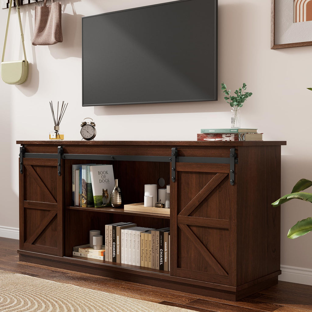58" TV Stand for TVs up to 65", Sliding Barn Doors, Espresso | Farmhouse Entertainment Center, Storage Cabinets