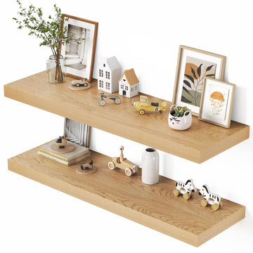 48" Floating Shelves for Wall, 12" Deep Thicker Oak Floating Shelves, Wall-Mounted Shelves - Set of 2