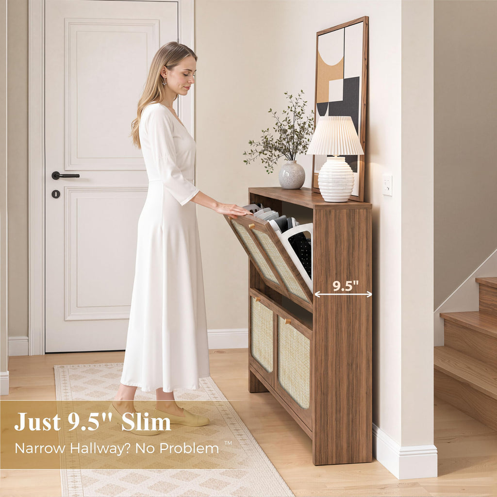 Rattan Shoe Cabinet with 4 Flip Drawers, 9.5" Narrow Shoe Rack, Boho Slim Shoe Storage Organizer with Adjustable