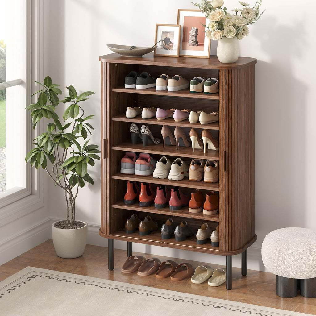 6-Tier Shoe Storage Cabinet with Sliding Door Walnut