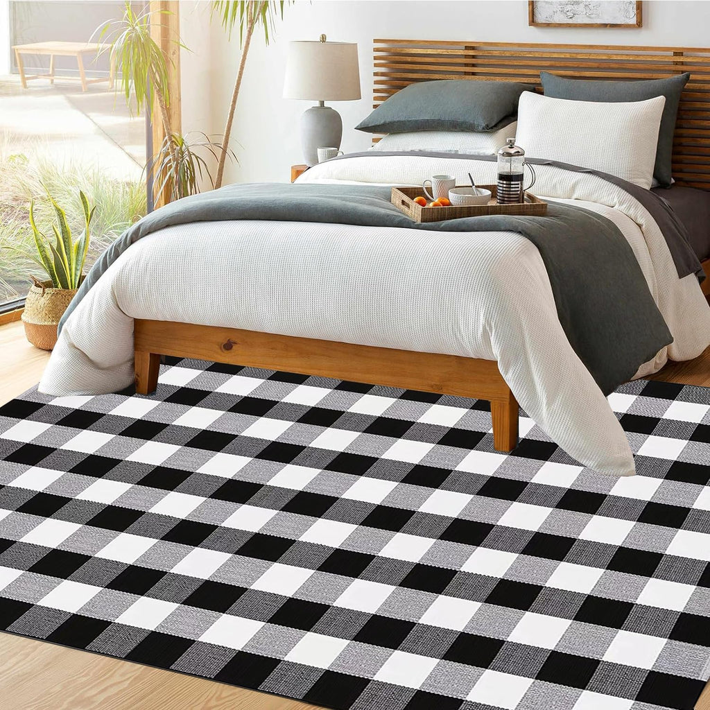 Buffalo Plaid Outdoor Rug Washable Rugs,Black and White Checkered Rug,Cotton Hand-Woven Indoor or Outdoor
