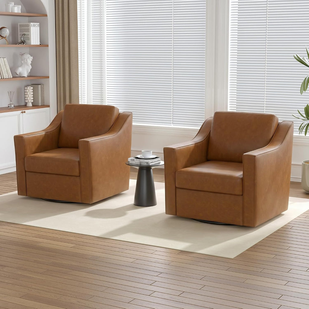Faux Leather Swivel Accent Barrel Chairs, Brown - Set of 2