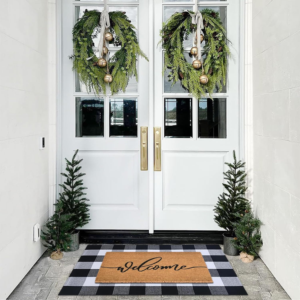 Welcome Front Door Mats Combo Set, 100% Coco Coir Doormat + 28" x 43" Black and White Plaid Rug, Front Porch Entryway