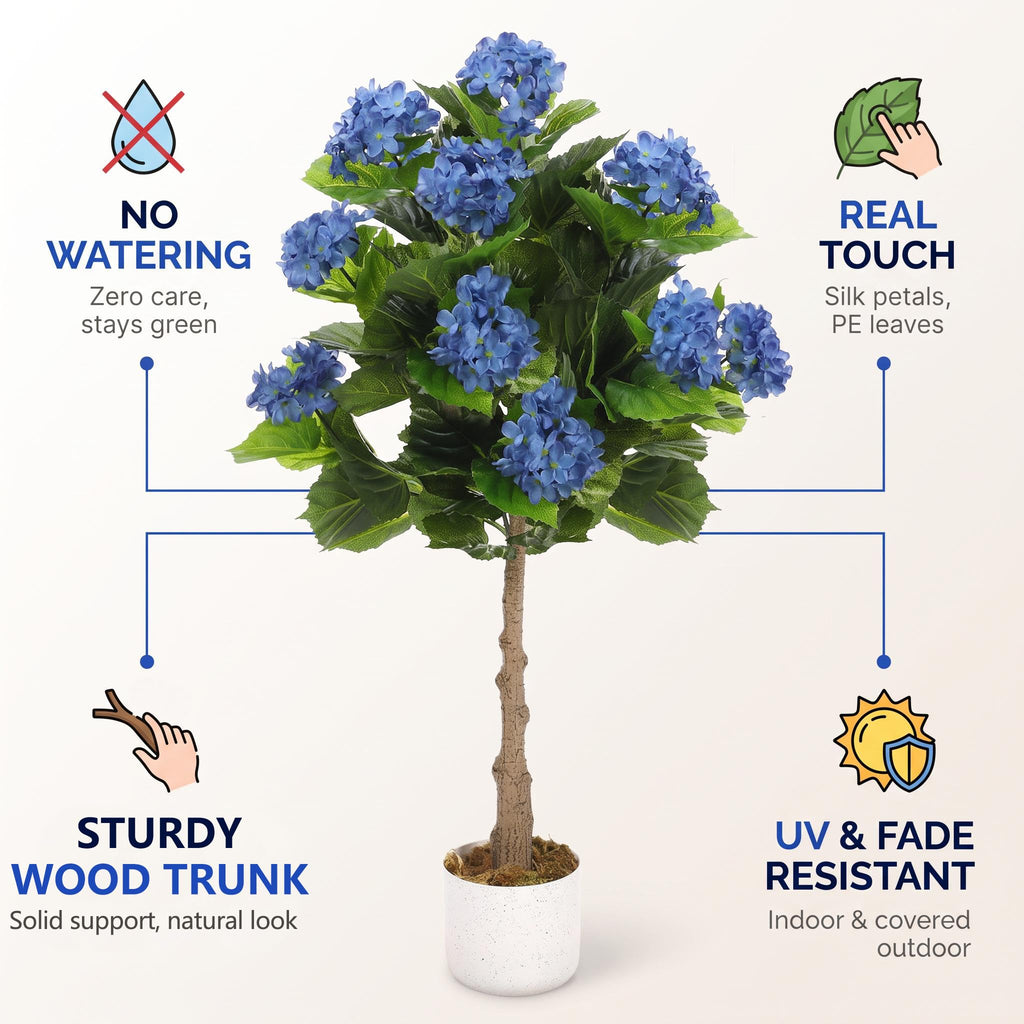 Artificial Hydrangea Tree, 3.1 FT Faux Hydrangea Plant in Pot with 9 Lifelike Blue Flowers, Fake Potted Flower Trees