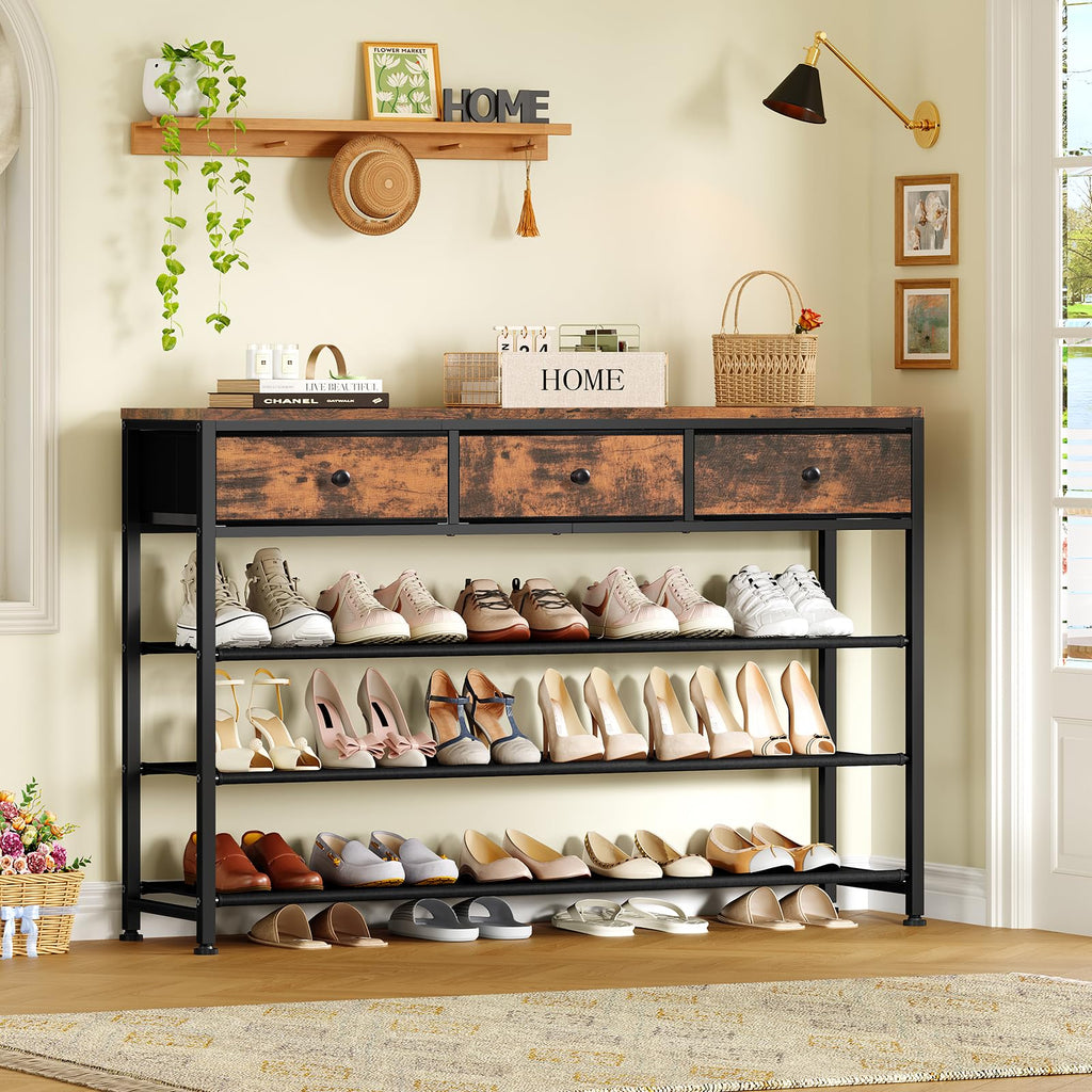 4 Tier Shoe Rack with 3 Drawers & 3 Oxford Fabric Shelves, Holds 15-18 Pairs, Metal Shoe Storage with Wood Top, Shoe