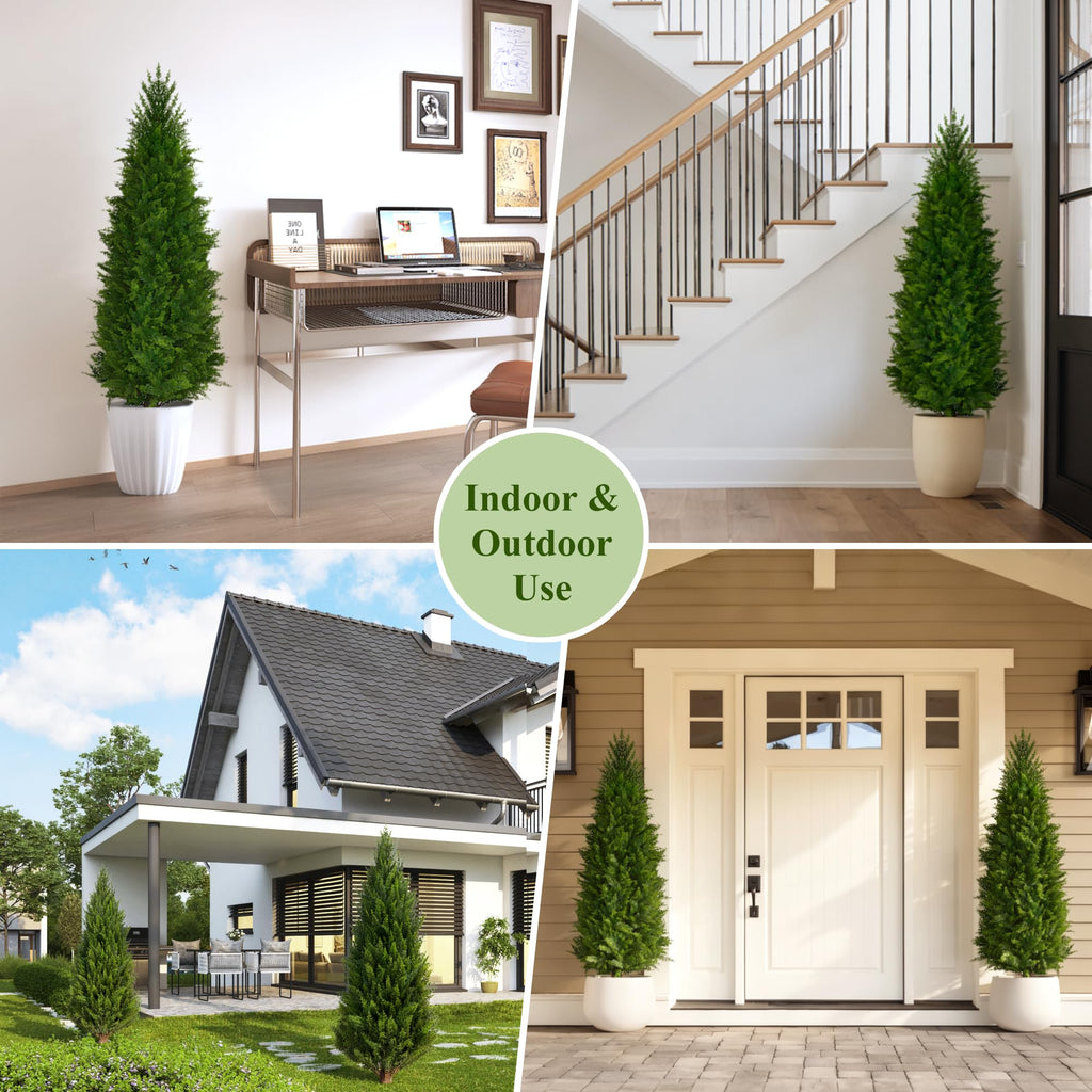 4 Ft Artificial Cedar Topiary Trees 2 Pack, UV Resistant Potted Faux Cypress Shrubs with Extra Dense Foliage for