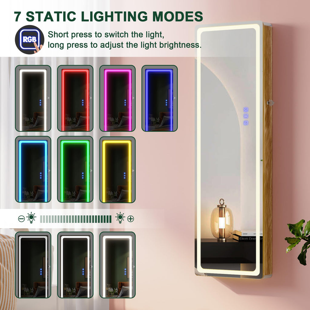 Over the Door Jewelry Organizer with LED RGB Lights, 47.2" Full Length Mirror with Storage, Wall Mounted Jewelry