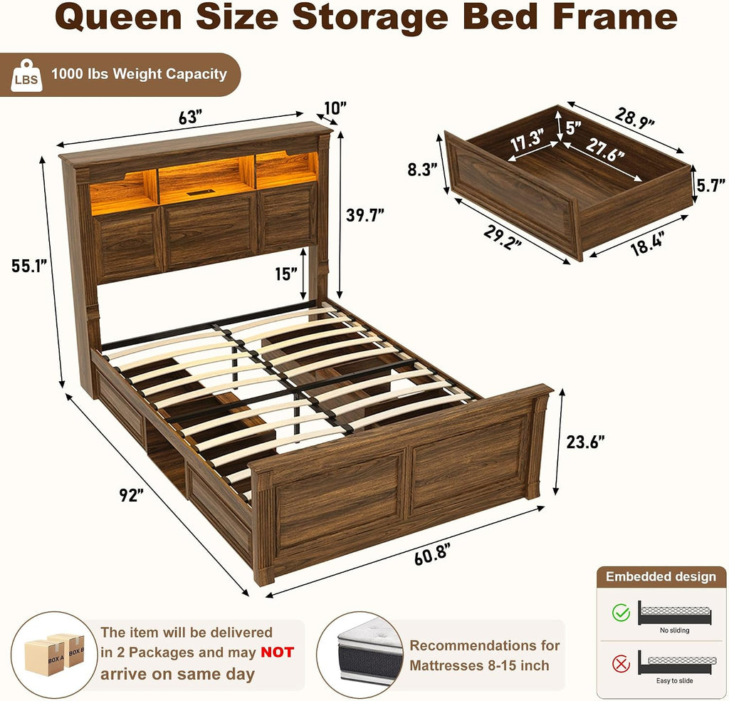 Farmhouse Queen Bed Frame with 55" Tall Storage Headboard & 4 Drawers, Wood Roman Column Platform Bed Frame with 24"