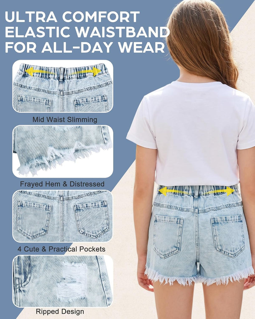 Girls Ripped Jean Shorts Elastic Mid Waist Denim Shorts