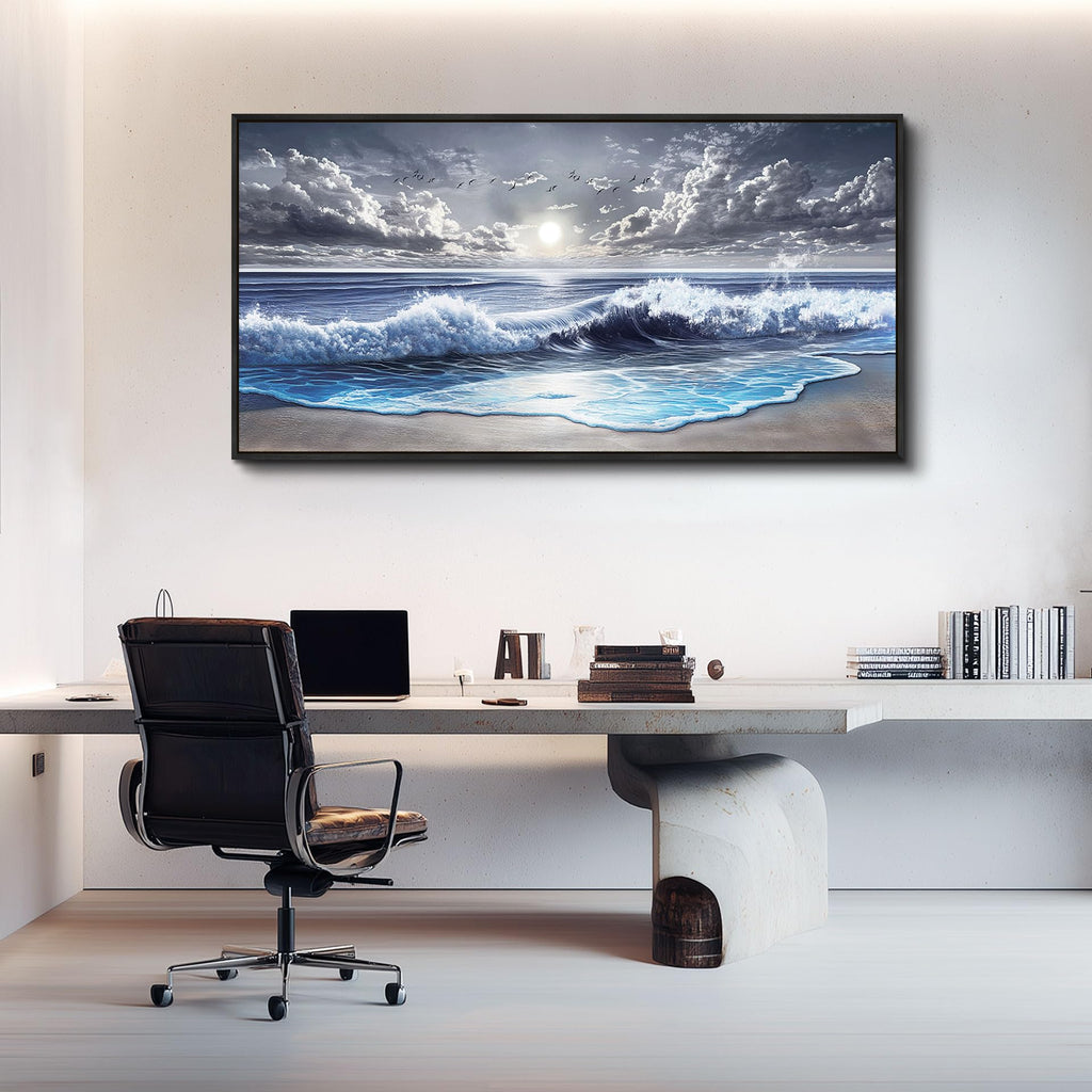 Blue Ocean Large Canvas Wall Art Prints, Coastal Sunset Landscape Paintings, Nature Waves Beach Wall Decor, Seascape