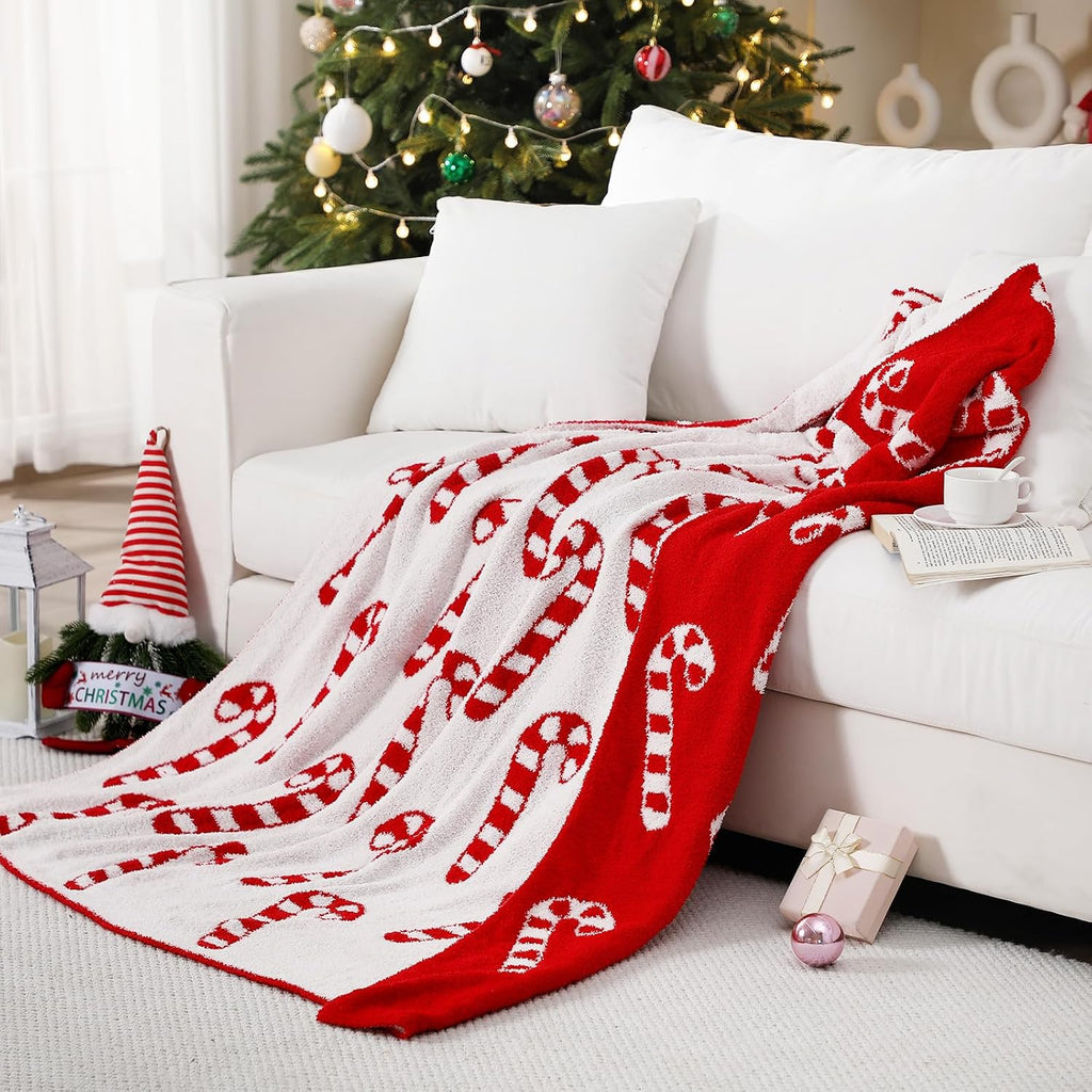 Christmas Candy Cane Knit Throw Blanket, 50 x 60 Inch Peppermint Red and White Xmas Reversible Knitted Throw Blanket