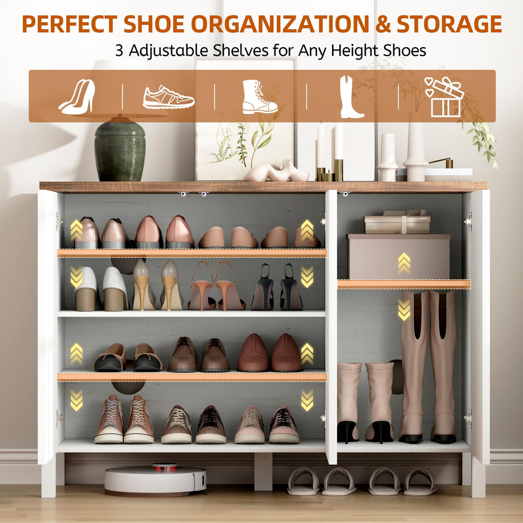 Shoe Storage Cabinet with Doors and Adjustable Shelves, White