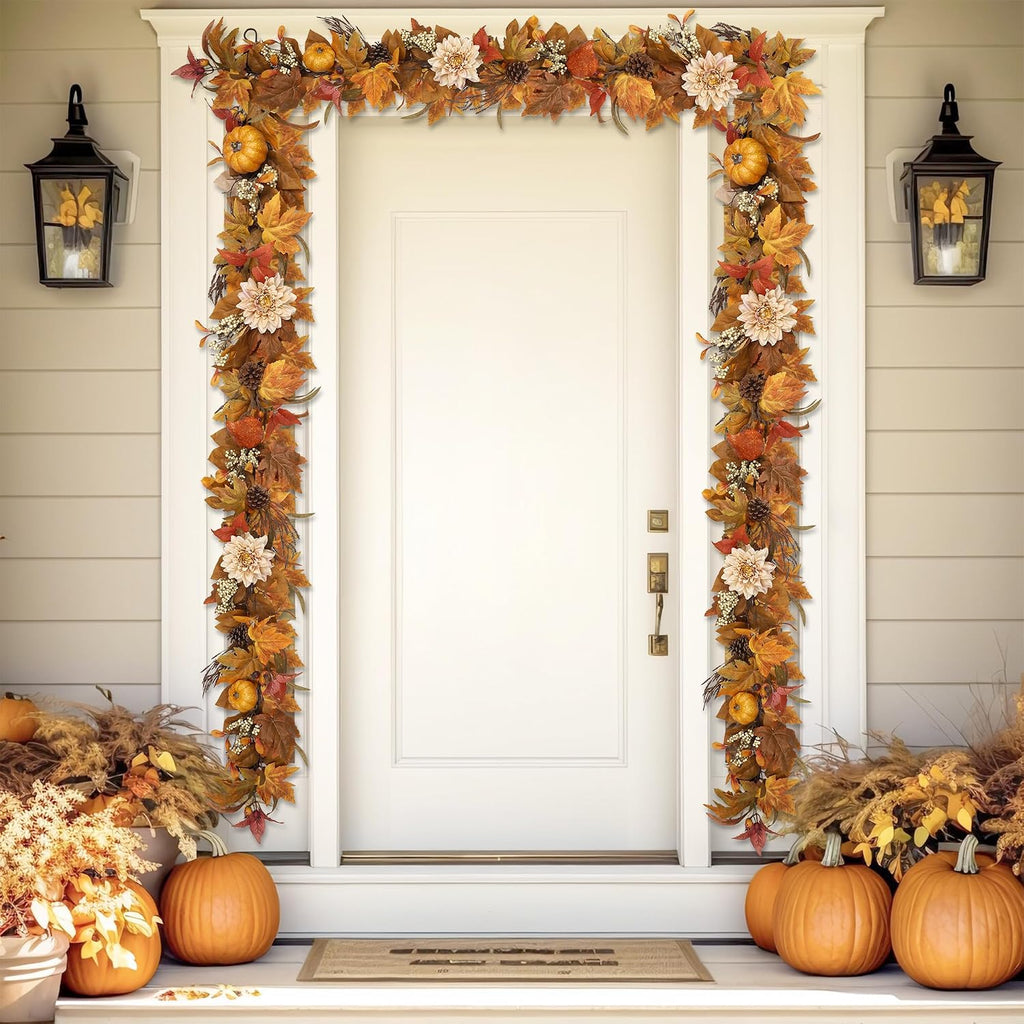 Fall Garland 6Ft Lifelike Autumn Maples Leaf Pumpkin Garland with Berries Pine Cones, Fall Decorations Thanksgiving - Set of 6