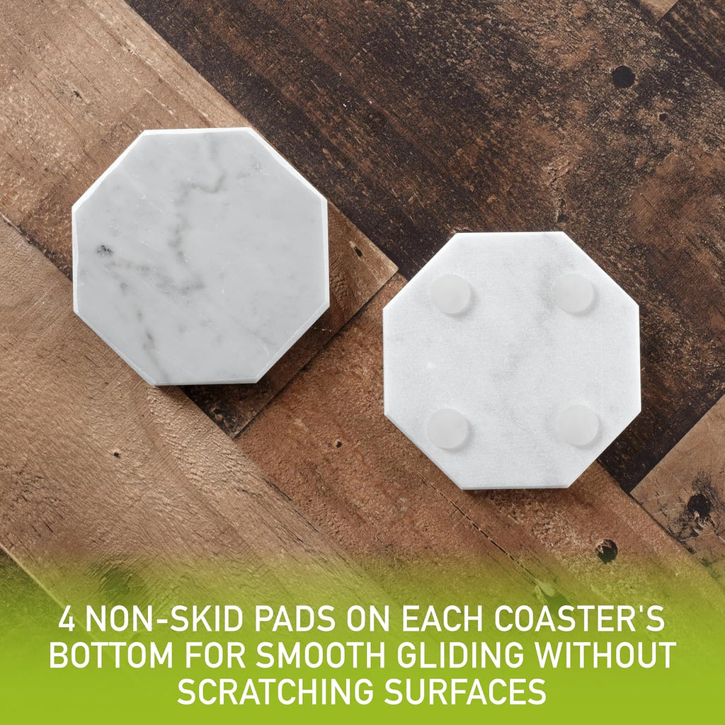 White Carrara Marble Tabletop Coasters with Storage Holder - Set of 5