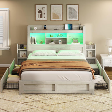 Queen Bed Frame with 4 Storage Drawer, LED Bed Frame with 49.6" Tall Bookcase Headboard, Wood Platform Bed with