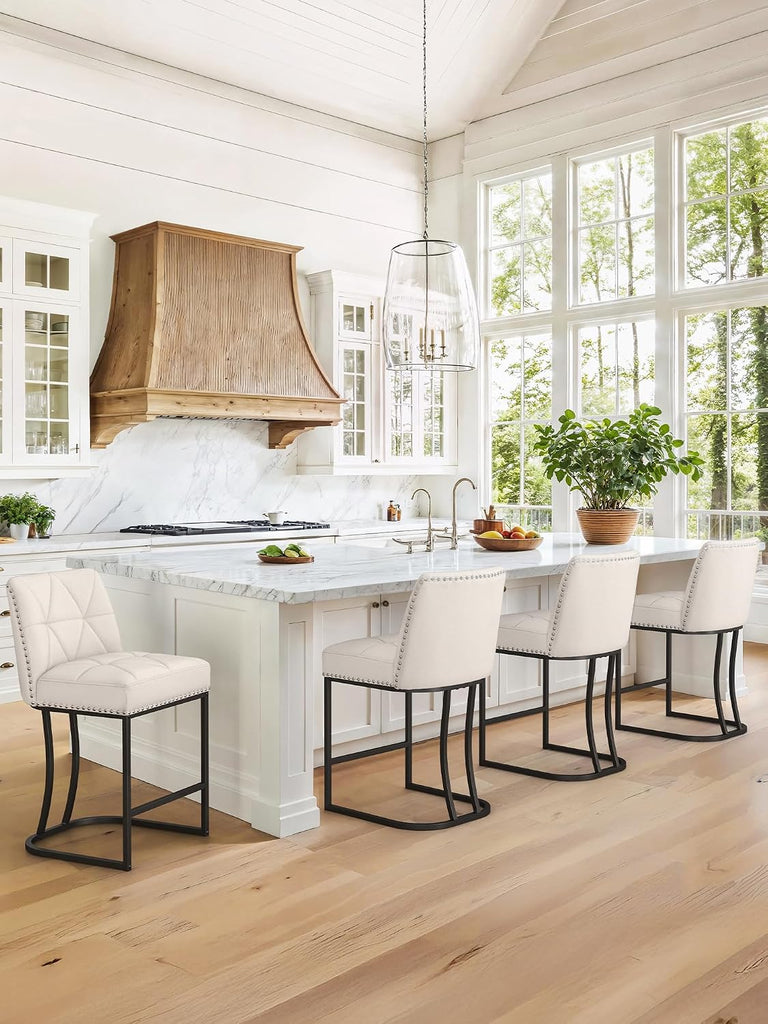 24" Bar Stools Set, Counter Height Bar Stools with 5.5" Thick Cushion, Upholstered Leather Barstools with Metal