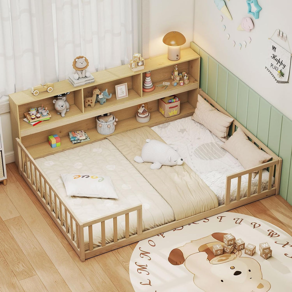 Full Size Floor Bed for Kids, Wooden Montessori Bed Frame with Bookcase, Storage Shelves & Safety Fence Rails, Floor