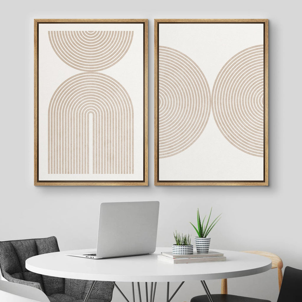 Framed Canvas Print Wall Art Set Pastel Tan Geometric Polygon Collage Abstract Shapes Illustrations Modern Art