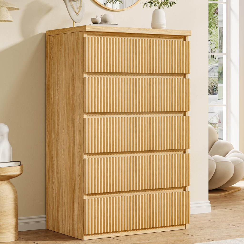 Fluted 5 Drawer Dresser, 43" Tall Dresser, Modern Fluted Chest of Drawers, Handle-Free/Floor-Mounted Wood Drawer
