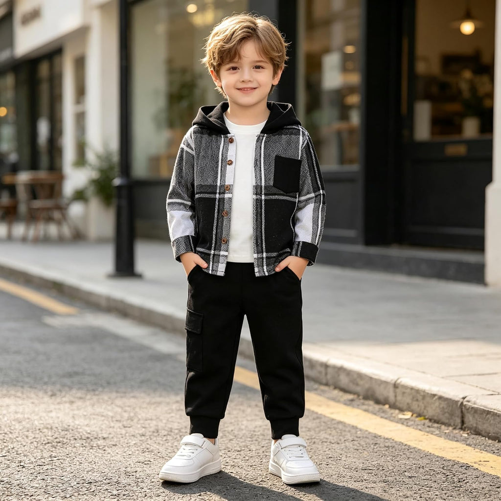 Toddler Boys Clothes 2 Piece Flannel Plaid Shirt Hoodie and Pants Little Boys Fall Winter