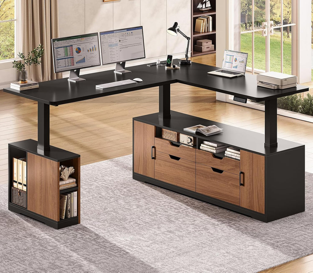 Modern L Shaped Executive Electric Standing Desk with 4 Drawers | 69" x 55" Height Adjustable Office Desk with