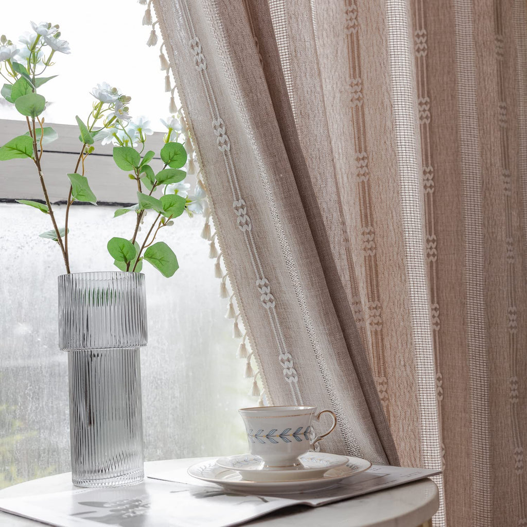 Linen Curtains 63 Inch Length 2 Panels Embroidery Khaki Boho Curtains Rustic Farmhouse Tassel Light Filtering Window