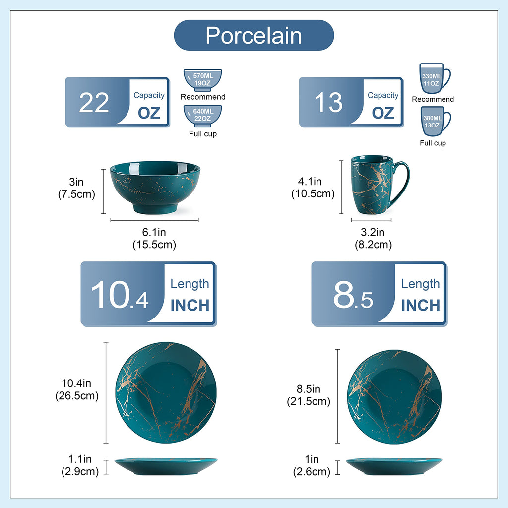 Porcelain Dinnerware Sets for 4, 16 PCS Plates and Bowls Set, Color Glaze with Gold Plate Dish Set, Dinner Sets with
