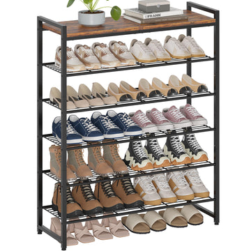 6 Tier Shoe Rack Organizer for 24-30 Pairs, Tall Metal Shoe Storage Shelf with Wood Top, Adjustable Boot Space