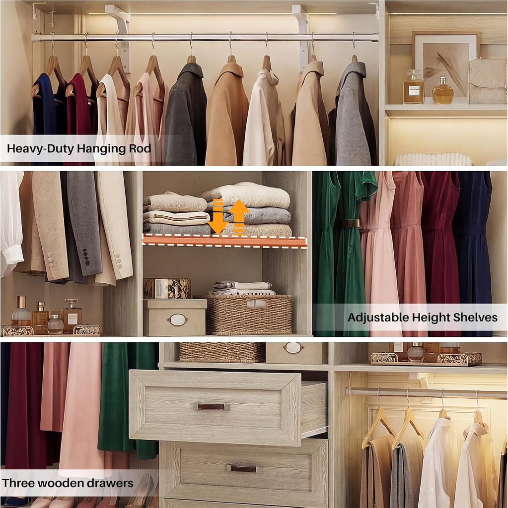 8FT Closet System with 3 Curved Drawers, 96'' Wooden Walk-in Closet Organizer with 3 Top Shelves, Adjustable