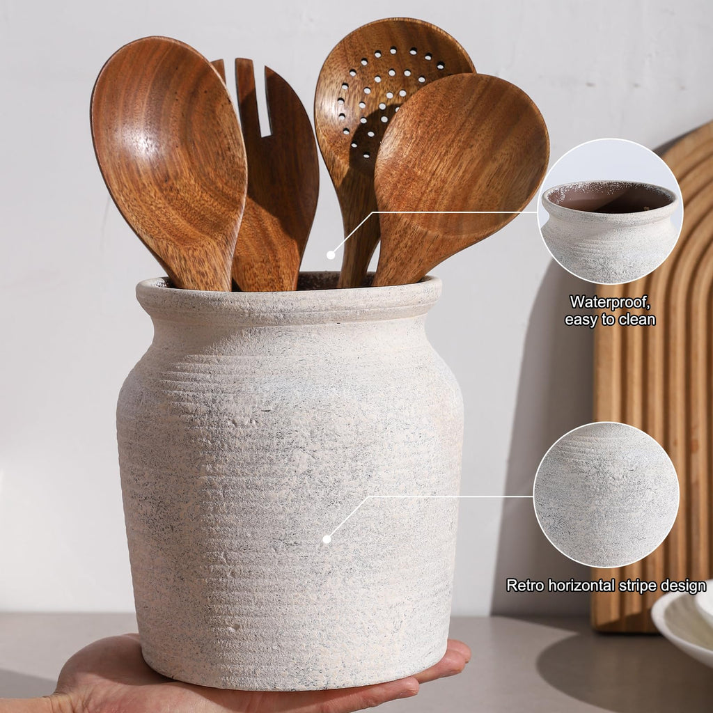 Ceramic Farmhouse Kitchen Utensil Holder for Countertop, Rustic Cooking Utensil Holder Crock Fit Counter. 6*6*6.7