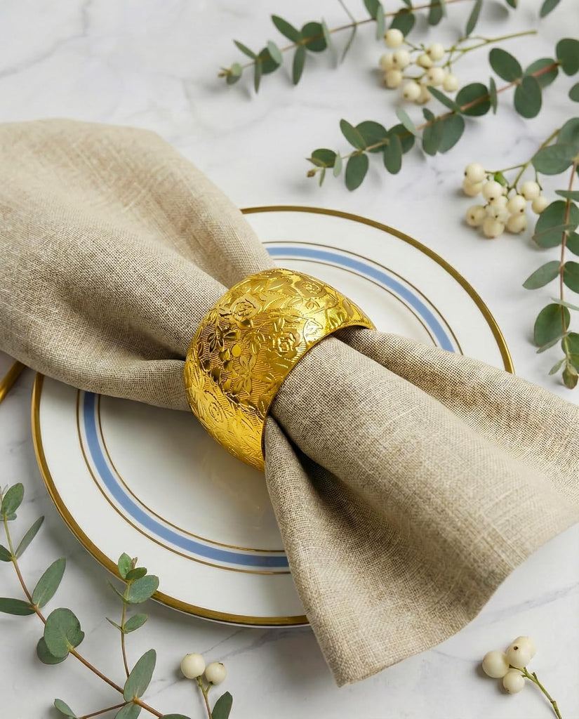 Gold Napkin Rings,Gold Metal Napkin Holder for Table,Embossed Floral Pattern,Metal Serviette Rings - Set of 12