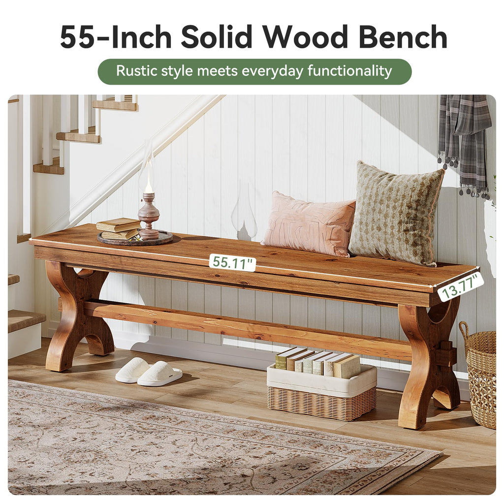 Solid Wood Entryway Bench, 55-Inch Farmhouse Indoor Bench, Narrow Hallway Seat (2, Brown)