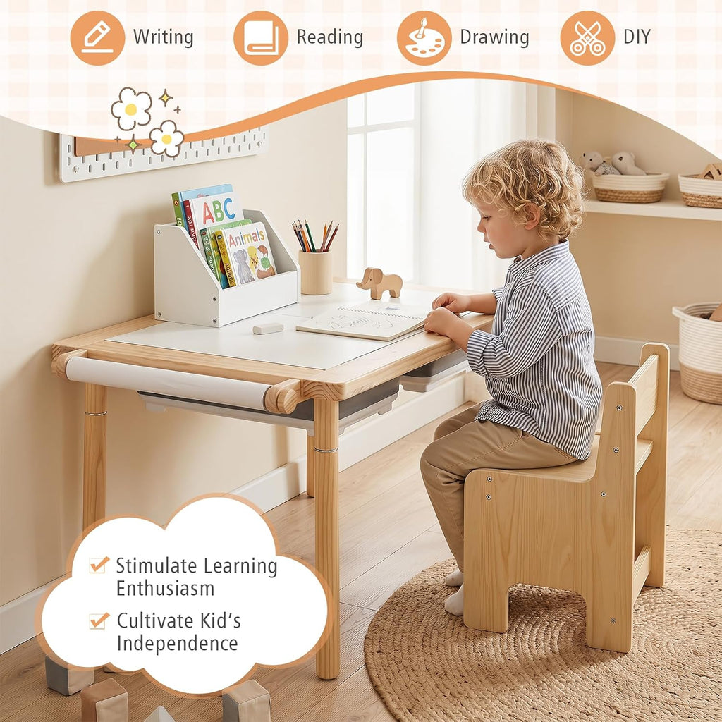 Sensory Table and Chair Set, Wooden Sand & Water Activity Set w/Adjustable Height, Dual Sided Top, 2 Bins, Paper Roll