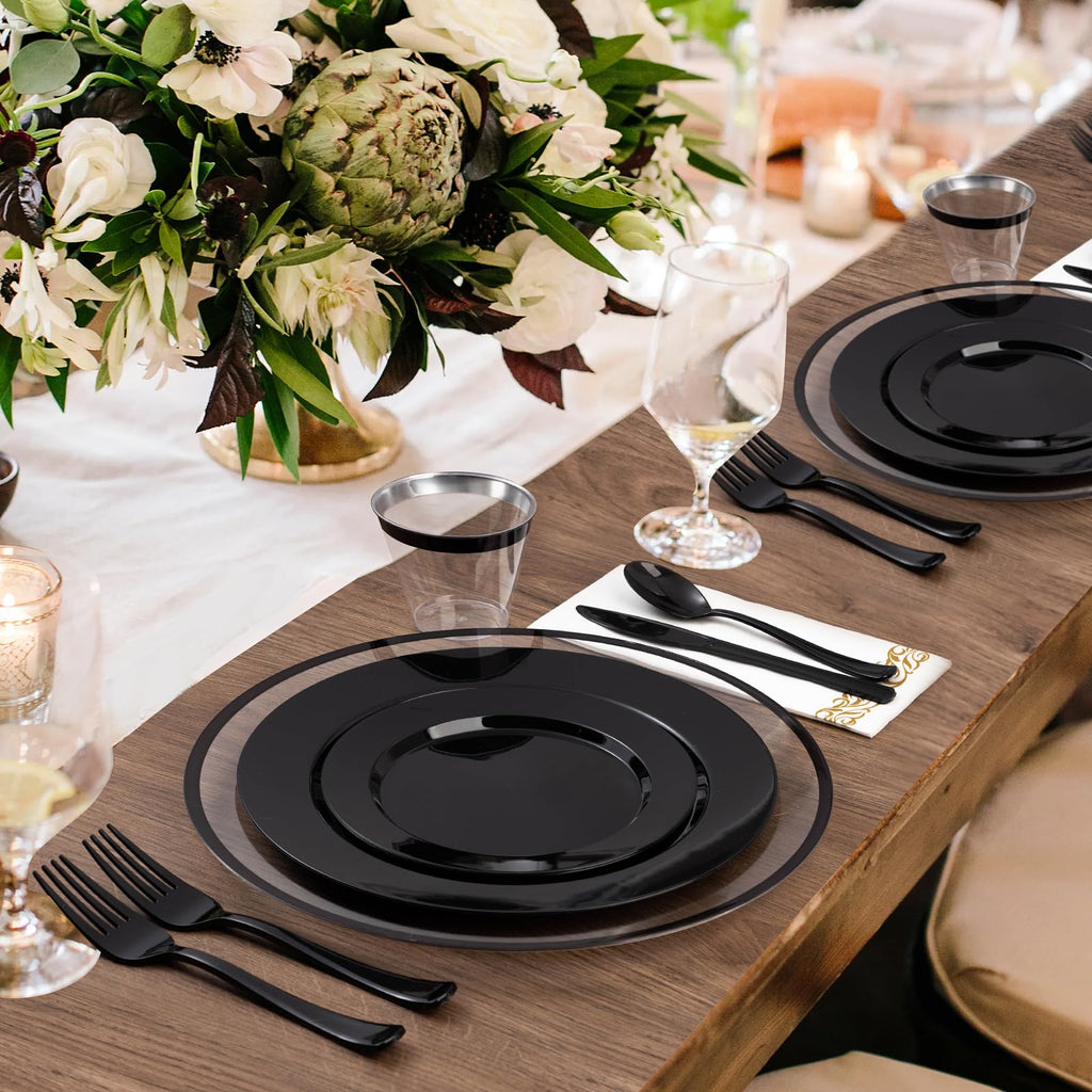 100 Pack 12 Inch Clear Charger Plates with Black Rim