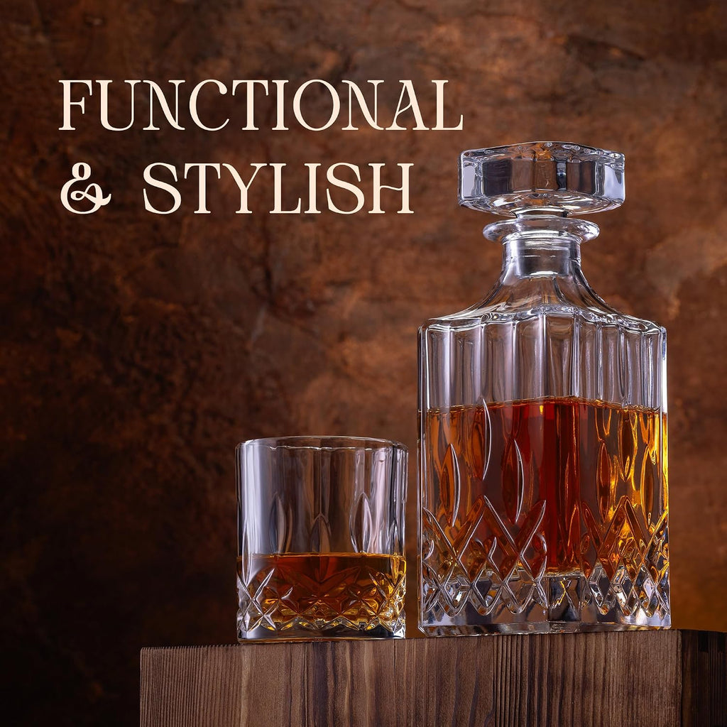 Ry Whiskey Decanter Gift Set - 25oz Crystal Decanter, 4 Old-Fashioned Glasses, 4 Slate Coasters with Diamond Pattern - Set of 9
