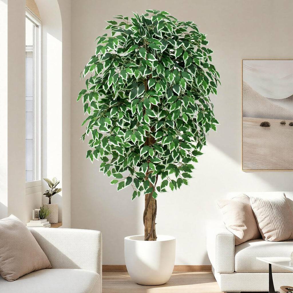 6.2ft Ficus Artificial Trees with 3 Natural Curved Trunks, 74" Tall Lush Faux Tree Decor Indoor, Green Lifelike Fake