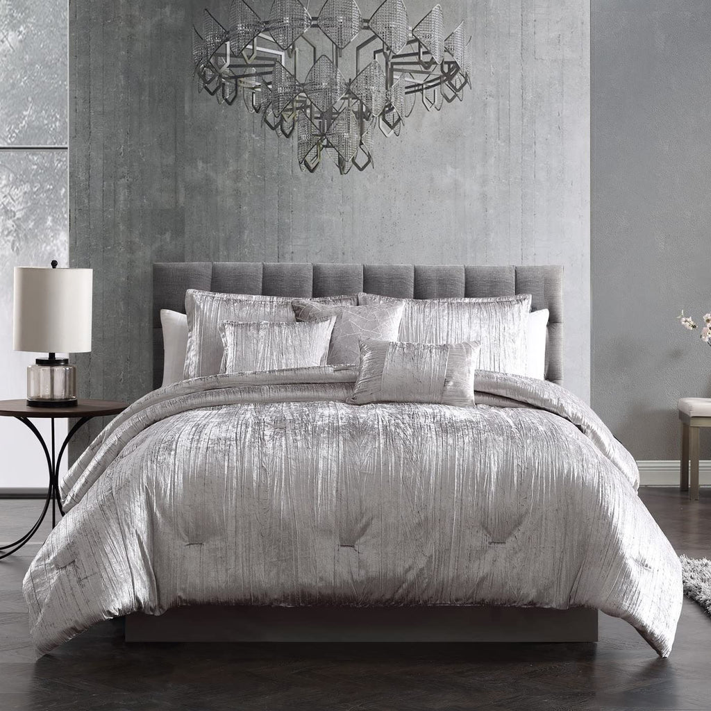 Turin Crinkle Velvet Comforter Bedding Set, Queen Size, Glam Textured Décor, Silver, 7 Pieces