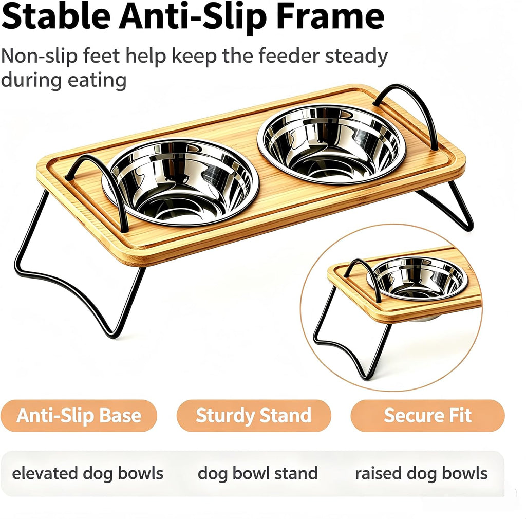 Dog Bowls elevatedRaised and Cat Food Bowl Stand, Elevated Bamboo Pet Feeder with 2 Removable Stainless Steel Bowls