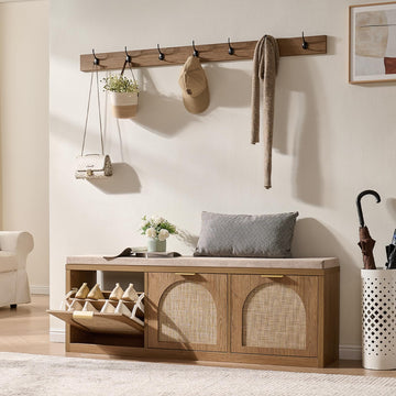 Rattan Narrow Entryway Bench with Shoe Storage, 3 Flip Drawers & Coat Rack, Mid-Century Modern Wood Shoe Cabinet with