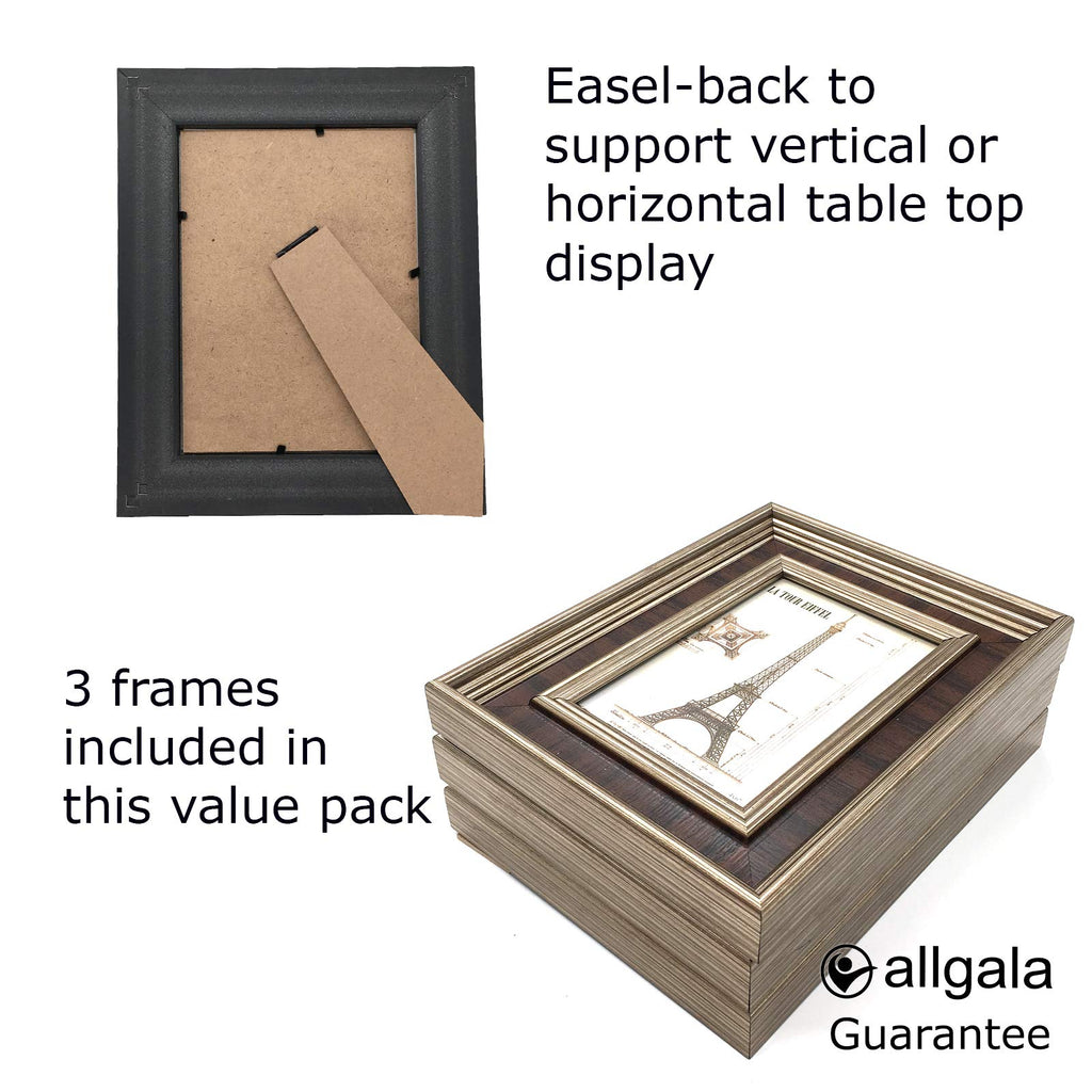 3-Pack Wood Imitation Desktop Photo Frames with Glass Face - 4X6 Inch - Dark Brass Style