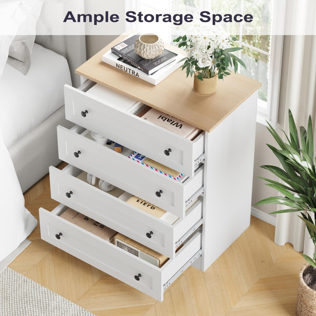 4 Drawer Dresser, White Dresser Modern Storage Chest of Drawers, Farmhouse Storage Cabinet Organizer with 4 Drawers