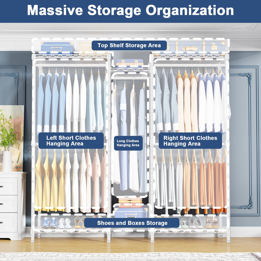 E12C Heavy Duty Closet Organizer System, Freestanding Clothing Rack, Adjustable Garment Rack 57.1" W x 16" D x 76.5" H
