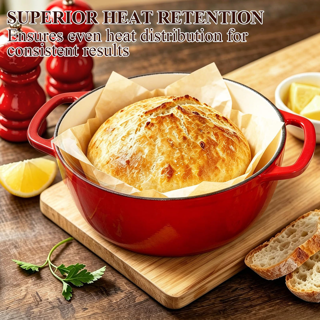 Enameled Cast Iron Dutch Oven - 6QT Pot with Lid & Cotton Potholders - Oven Safe Enamel Cookware for Bread Baking