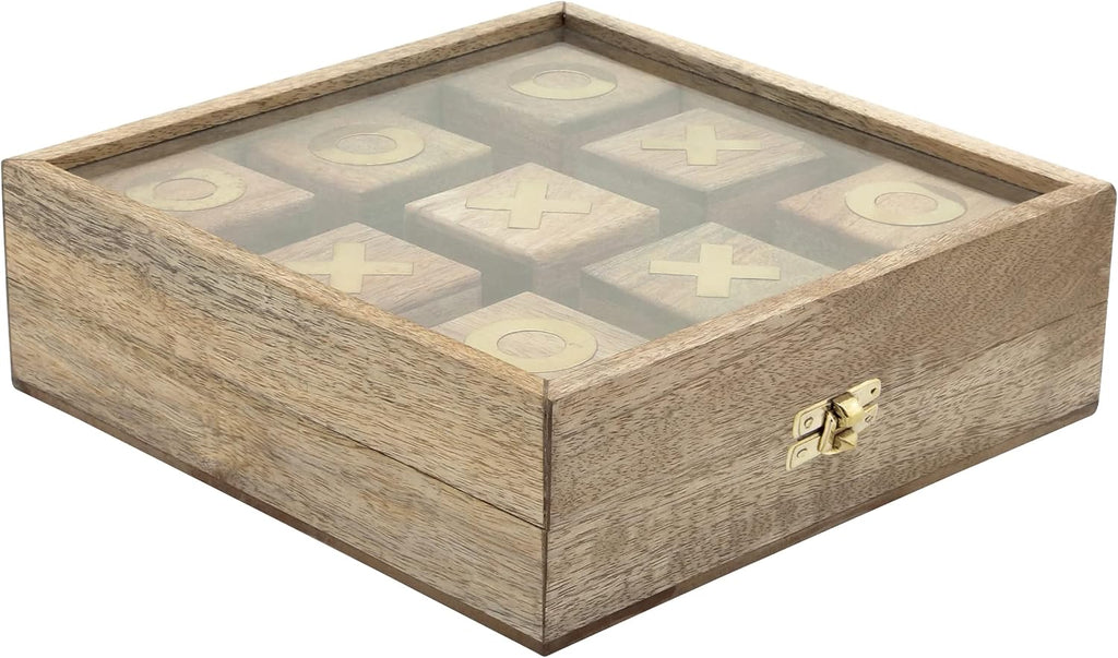 Tic Tac Toe Game Set - Handmade Wooden Board Game with Brass Inlay - Mango Wood & Glass - Casual Home Decor - Classic